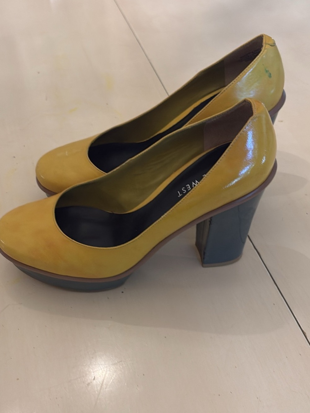 Nine West Yellow Patent Block Heel Pumps